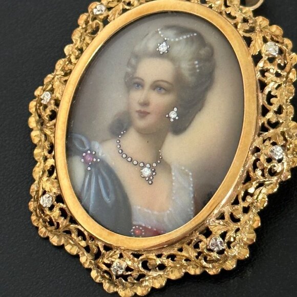 18K Yellow Gold Antique Intricate Filigree Diamond Portrait Cameo Pin Pendant - Picture 15 of 15